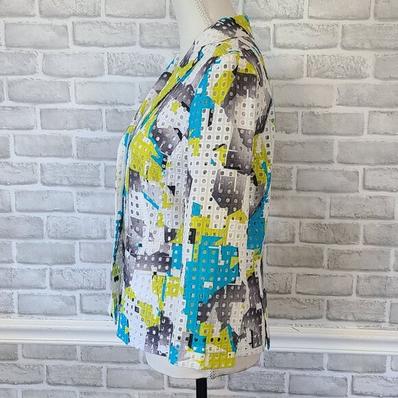 Per Se Cotton Silk Eyelet Blazer Jacket Abstract Art to Wear Dopamine Womens 8 - Picture 4 of 8